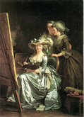 アデライド・ラビーユ＝ギアール『二人の弟子マリー・カペ、キャロー・デュ・ローズモンドと一緒の自画像』1785年, メトロポリタン美術館蔵