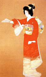 『序の舞』（昭和11年、1936年）。昭和40年（1965年）発行の切手趣味週間の図案に採用されている。