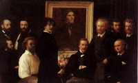 ファンタン＝ラトゥール『ドラクロワへのオマージュ』（1864年）前列左よりデュランティ、ファンタン＝ラトゥール、ホイッスラー、シャンフルーリ、ボードレール、後列左よりコルディエール、ルグロ、マネ、ブラックモン、バルロワ