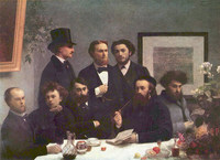 ファンタン＝ラトゥール『テーブルの片隅』（1872年）前列左よりヴェルレーヌ、ランボー、L・ヴァラード、E・デルヴィリィ、C・ペルタン、後列左よりP・エルゼアル・ボニエ、E・ブレモン、J・エカール