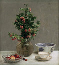 ファンタン＝ラトゥール『サンザシの花瓶、サクランボの鉢、日本のお椀、カップと皿のある静物画』（1872年）