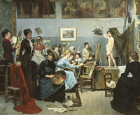 マリ・バシュキルツェフ『アトリエにて』（1881年）バシュキルツェフ自身は右端の黒衣をまとった女性である。