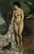 オーギュスト・ルノワール『浴女とグリフォンテリア』1870年 サンパウロ美術館 クールベの影響がみられる作品