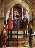 エルコレ・デ・ロベルティ『聖者たちと玉座の聖母子』（1480年頃）ミラノ、ブレラ美術館