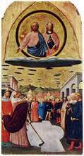 マソリーノ『サンタ・マリア・マッジョーレ聖堂の建立』1430頃　カポディモンテ美術館（ナポリ）