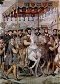 タッデオ・ツッカリ『シャルル5世、フランソワ1世、アレッサンドロ・ファルネーゼのパリ入城』ヴィラ・ファルネーゼ（1559年）