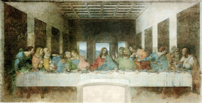 レオナルド・ダ・ヴィンチ『最後の晩餐』1495-97年、サンタ・マリア・デッレ・グラツィエ教会壁画：油彩・テンペラ