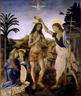 レオナルド・ダ・ヴィンチ『キリストの洗礼』1472 - 1475、ヴェロッキオと共作、ウフィッツィ美術館蔵