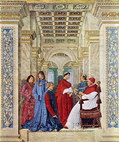 メロッツォ・ダ・フォルリ『シクスツス４世によってバチカン図書館司書に任命されたバルトロメオ・プラティナ』（1477年頃）フレスコ（バチカン美術館蔵）